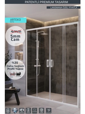 Monaqua Arteko Duşakabin Ön Cephe, 2 Sabit 2 Kayar - Beyaz Profil - Şeffaf 5mm Cam