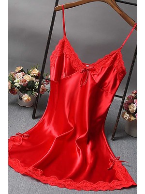 Merry See Kadın Kısa Gecelik Saten Dantelli Kırmızı M %90 Polyester %10 Elastan