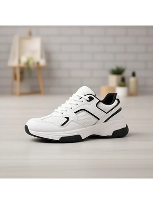 Pasyone Beyaz Kadın Sneaker Ayakkabı Suni Deri ve Air File Kumaş Düz Tabanlı Konforlu Tasarım