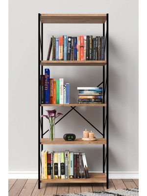Woodensa Metal Kitaplık 5 Raflı Ofis Kitaplığı Kitap Dosya Rafı Ceviz