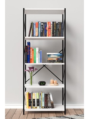 Woodensa Metal Kitaplık 5 Raflı Ofis Kitaplığı Kitap Dosya Rafı Beyaz