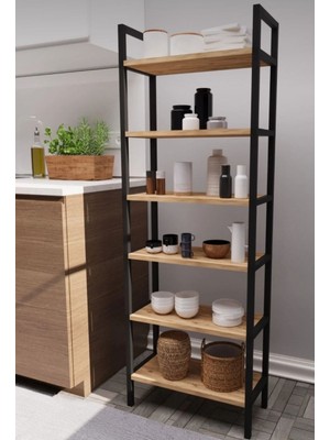 Woodensa 6 Raflı Mutfak Rafı Metal Ayaklı Banyo Dolabı Çok Amaçlı Raf Kiler Dolabı Ofis Rafı Kitaplık