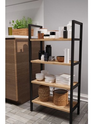 Woodensa Nefes 4 Raflı Mutfak Rafı Metal Ayaklı Banyo Dolabı Çok Amaçlı Raf Kiler Dolabı Ofis Rafı Kitaplık