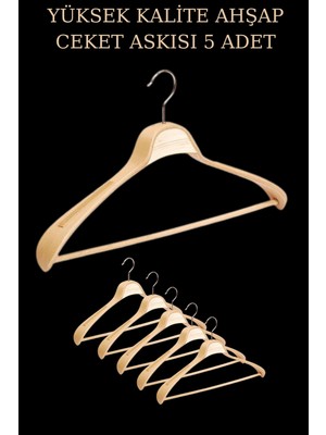 5 Adet 48 cm Ahşap Ceket ve Elbise Askısı Seti