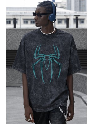 Sevbano Spiderman Logo Örümcek Adam Kahraman Baskılı Unisex Oversize Vintage Yıkamalı Tişört