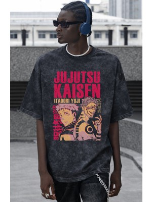 Sevbano Jujutsu Kaisen Itadori Yuji Anime Baskılı Unisex Oversize Vintage Yıkamalı Tişört