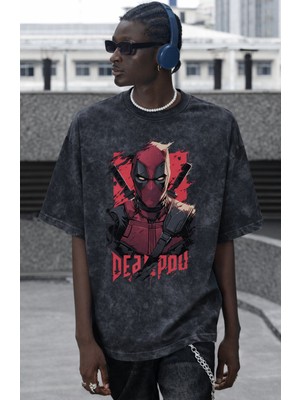 Sevbano Tasarım Deadpool Film Kahramanı Baskılı Unisex Oversize Vintage Yıkamalı Tişört
