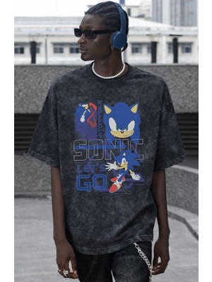 Sevbano Sonic The Hedgehog Çizgi Film Karakter Baskılı Unisex Oversize Vintage Yıkamalı Tişört