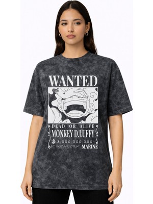 Sevbano Wanted Monkey D. Luffy One Piece Anime Baskılı Unisex Oversize Vintage Yıkamalı Tişört