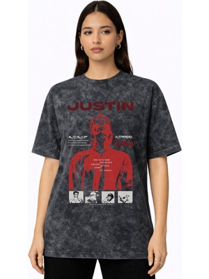 Sevbano Justin Bieber Şarkıcı Baskılı Unisex Oversize Vintage Yıkamalı Tişört