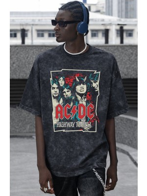 Sevbano Ac Dc Highway To Hell Rock Metal Müzik Grubu Baskılı Unisex Oversize Vintage Yıkamalı Tişört