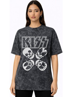 Sevbano Kiss Rock Metal Müzik Grubu Baskılı Unisex Oversize Vintage Yıkamalı Tişört