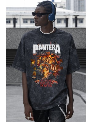 Sevbano Pantera Rock Metal Müzik Grubu Baskılı Unisex Oversize Vintage Yıkamalı Tişört