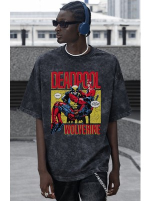 Sevbano Deadpool Wolverine Kahramanlar Baskılı Unisex Oversize Vintage Yıkamalı Tişört