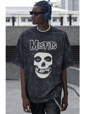 Sevbano Tasarım Misfits Rock Metal Müzik Grubu Şarkıcı Baskılı Unisex Oversize Vintage Yıkamalı Tişört