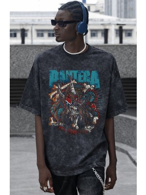 Sevbano Pantera Rock Metal Müzik Grubu Baskılı Unisex Oversize Vintage Yıkamalı Tişört