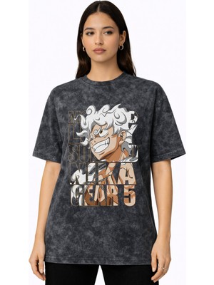 Sevbano Monkey D. Luffy Gear 5 One Piece Anime Baskılı Unisex Oversize Vintage Yıkamalı Tişört