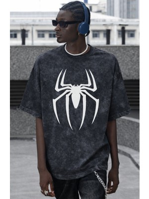 Sevbano Tasarım Spider-Man Logo Örümcek Adam Baskılı Unisex Oversize Vintage Yıkamalı Tişört