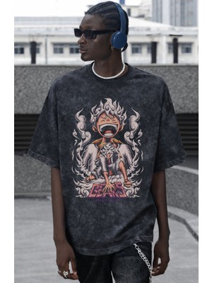 Sevbano Monkey D. Luffy Gear 5 One Piece Anime Baskılı Unisex Oversize Vintage Yıkamalı Tişört
