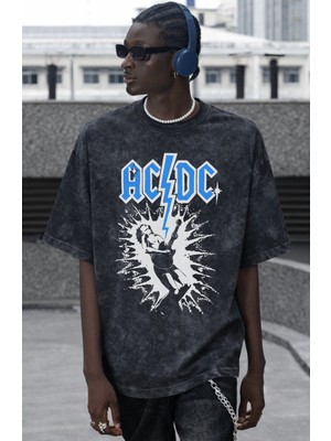 Sevbano Tasarım Ac Dc Rock Metal Müzik Grubu Baskılı Unisex Oversize Vintage Yıkamalı Tişört