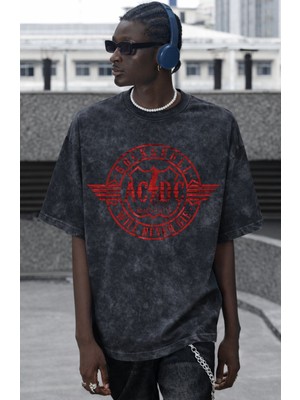 Sevbano Rock In Roll Ac Dc Will Never Die Rock Metal Baskılı Unisex Oversize Vintage Yıkamalı Tişört