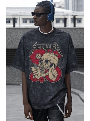 Sevbano Metallica Rock Metal Müzik Grubu Baskılı Unisex Oversize Vintage Yıkamalı Tişört