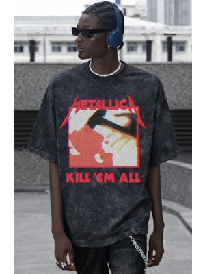 Sevbano Metallica Kill 'em All Rock Metal Müzik Grubu Baskılı Unisex Oversize Vintage Yıkamalı Tişört
