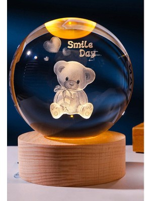 Rivera Tech Rvrstr4 Dekoratif Ayıcık Tasarımlı Ahşap Altlıklı Işıklı Cam Küre Cam 6 cm Ahşap 2 cm