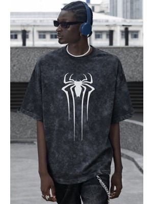 Sevbano Tasarım Spider-Man Logo Örümcek Adam Baskılı Unisex Oversize Vintage Yıkamalı Tişört
