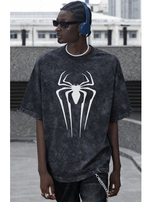 Sevbano Tasarım Spider-Man Logo Örümcek Adam Baskılı Unisex Oversize Vintage Yıkamalı Tişört