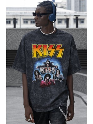 Sevbano Kiss Rock Metal Müzik Grubu Baskılı Unisex Oversize Vintage Yıkamalı Tişört