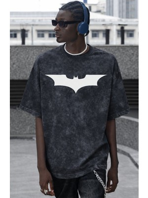 Sevbano Batman Kahraman Logo Baskılı Unisex Oversize Vintage Yıkamalı Tişört