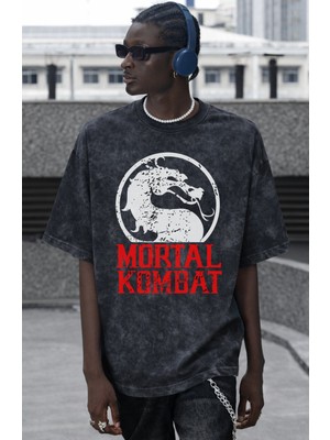 Sevbano Mortal Kombat Logo Oyun Baskılı Unisex Oversize Vintage Yıkamalı Tişört