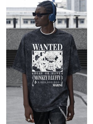 Sevbano Wanted Monkey D. Luffy One Piece Anime Baskılı Unisex Oversize Vintage Yıkamalı Tişört