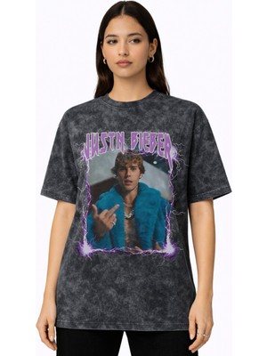 Sevbano Tasarım Justin Bieber Şarkıcı Baskılı Unisex Oversize Vintage Yıkamalı Tişört