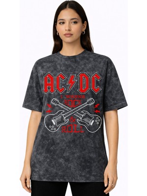 Sevbano Ac Dc Rock In Roll Rock Metal Müzik Grubu Baskılı Unisex Oversize Vintage Yıkamalı Tişört