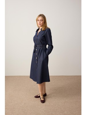 Jimmy Key Koyu İndigo Mavi Dar Kesim Polo Yaka Uzun Kollu Dokuma Midi Elbise