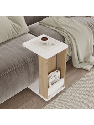 Yurupa Mina Tekerlekli Yan Sehpa C Sehpa Koltuk Sehpası Kitaplıklı Sepet-Beyaz Mın1-Sw