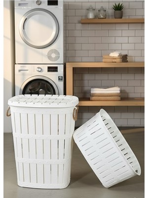 Bambu Görünümlü Halatlı Kirli Çamaşır Sepeti ve Çamaşır Selesi Seti
