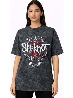 Sevbano Slipknot Rock Metal Müzik Grubu Baskılı Unisex Oversize Vintage Yıkamalı Tişört