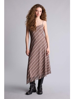 DeFacto V Yaka Kareli Tül Askılı Midi Elbise F7971AX26SP