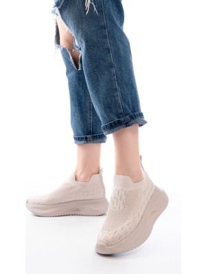 Zerenyus ZRİN-707 Bej Triko Faillant Taban Slip-On Taşlı Kadın Spor Ayakkabı