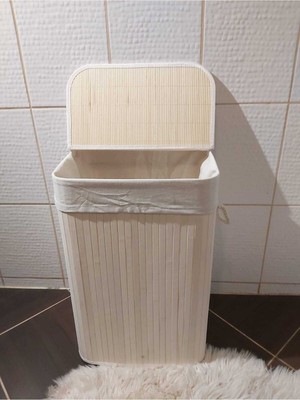 Beyaz Dikdörtgen Bambu Çamaşır Sepeti, Şık ve Kullanışlı Depolama Çözümü