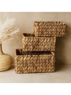 Kalın Örgü Hasır 3 Bölmeli Organizer Sepet Seti Dikdörtgen
