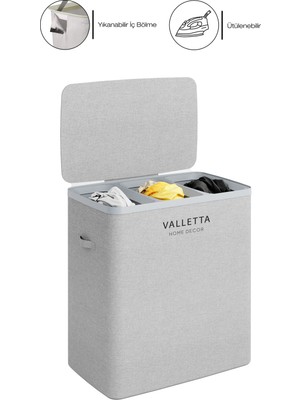 Katlanabilir 120L Kirli Çamaşır Sepeti, Üç Bölmeli, Hafif Gri