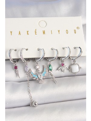 Rivera Tech Rvrstr4 Pirinç Gümüş Renk Zirkon Taşlı Kuş Figür Çiçek Detay 6'lı Kadın Kombin Küpe - T