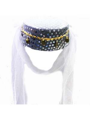 Rivera Tech Rvrstr4 Beyaz Duvaklı Altın Pul Işlemeli Kına Fesi Kına Şapkası Oryantal Şapkası