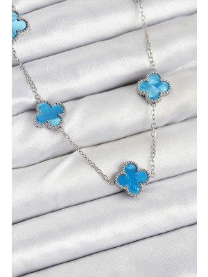 Rivera Tech Rvrstr4 316L Çelik Zincir Gümüş Buz Mavisi Renk Yonca Kadın Kolye - TJ-BKO10582