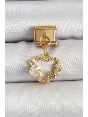 Rivera Tech Rvrstr4 316L Çelik Sallantılı Zirkon Taşlı Kalp Model Gold Renk Nomination Charm - TJ-BC1409