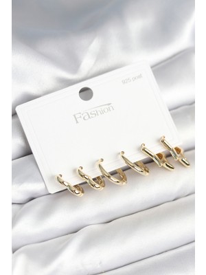 Rivera Tech Rvrstr4 Pirinç Gold Renk Kalp Yıldız ve Halka Model 925 Ayar Gümüş Çivili Kadın Küpe Seti -